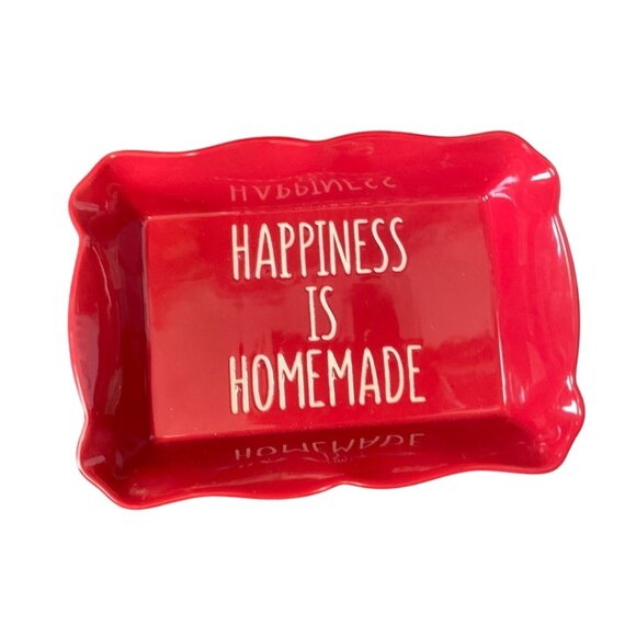 Happiness Is Homemade Red Ceramic Rectangular Serving Tray Scalloped Design - Picture 1 of 1